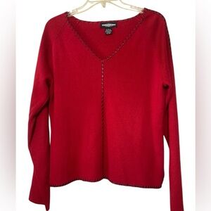 Red V-Neck Sweater with Black Trim